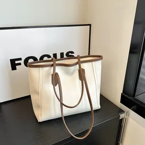 Women Large Capacity PU Leather Tote Bag Casual Commuter Shoulder Handbag Retro Contrast Color Top Handle Bag
