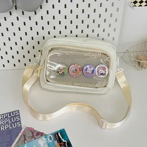 Japanese ins style white canvas crossbody itabag with clear mesh pocket and cute rabbit badges