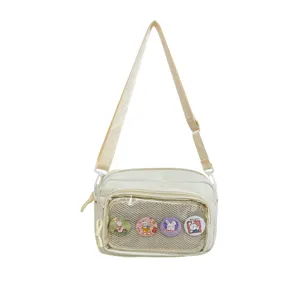 Japanese ins style canvas crossbody ita bag with clear mesh pocket and cute rabbit badges.