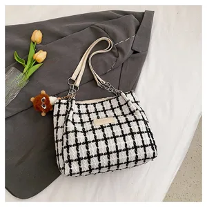 Black and white plaid tote bag stylish commuter shoulder underarm bag for women daily use