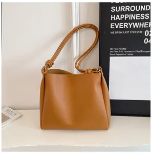 Sac seau bandoulière en cuir PU marron, grand cabas rétro élégant pour femme mode automne.