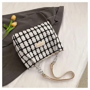 Black white plaid tweed shoulder bag casual tote handbag for women fashion chain underarm bag