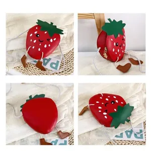Cute strawberry shaped kids shoulder bag, fun cartoon design with cute legs, red PU leather.