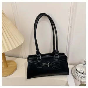 Black minimalist retro women's shoulder bag, stylish casual PU leather handbag detail.