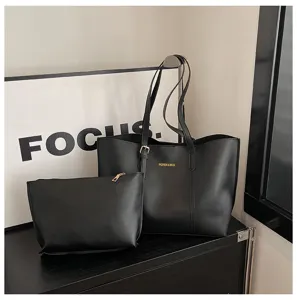 Classic black PU leather tote bag set with a matching pouch, ideal for daily commute.