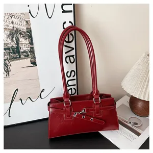 Retro red shoulder bag for women, niche design simple PU leather small square handbag spring.