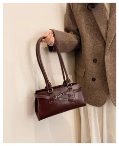 Vintage brown women shoulder bag stylish minimalist small square handbag casual PU leather purse