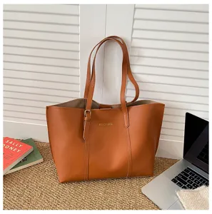 Retro minimalist brown PU leather tote bag, large capacity stylish shoulder handbag for women.