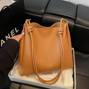 Élégant sac seau en cuir PU marron pour femmes, grand sac cabas d'épaule avec lanières.