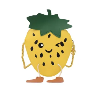 Cute yellow strawberry crossbody bag for kids, funny cartoon coin purse with cute little legs.