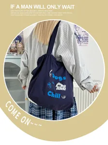 Detail view of lazy style embroidered canvas tote bag, featuring dog graphic for daily use.