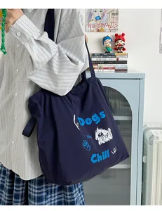 Casual canvas tote bag with funny dog print, large capacity aesthetic shoulder bag for daily use.