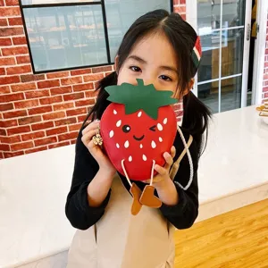 Cute red strawberry crossbody bag for kids, lovely cartoon coin purse with cute face and dangling legs.