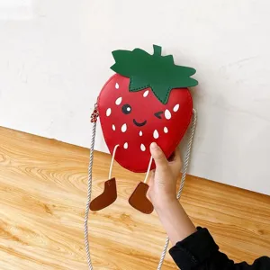 Kids lovely cartoon strawberry PU leather shoulder bag with strap and dangling little boots
