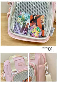 Detailed view of the pink Japanese ACG ita bag showing transparent mesh pocket and metal hardware.