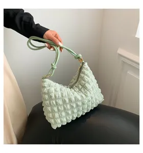 2024 new trendy crinkle cloud shoulder bag women stylish ruched underarm handbag light green