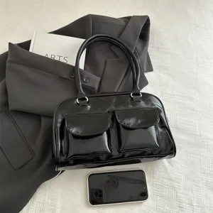 Black patent leather bowling shoulder bag vintage boston tote with dual front pockets chic