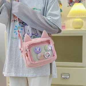 Cute pink cat ear transparent ITA bag crossbody shoulder bag sweet casual daily cartoon girl purse