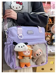 Cute Japanese style PU ita shoulder bag with transparent window for pins and plush dolls display.