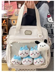 Cute Japanese style PU clear window itabag backpack handbag with cute plush toy pendants for daily use.
