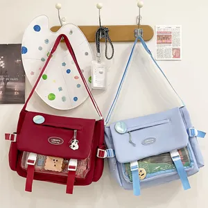 Cute Japanese college style student messenger bag canvas shoulder bag with clear front pocket