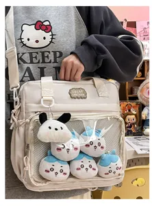 Japanese style PU leather ita bag clear transparent window shoulder backpack with cute plush dolls