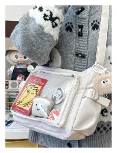 Casual canvas messenger bag with transparent pocket, large capacity student ita bag for daily use.