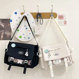 Cute college style canvas messenger bag for girls, large capacity student crossbody shoulder bag.