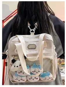 Japanese style PU leather dual-use backpack, transparent itabag for dolls and pins, casual school bag.