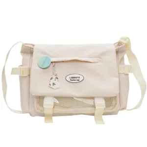 Cute Japanese style canvas messenger bag for girls, large capacity student shoulder bag.