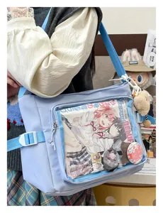 Collegiate style large capacity messenger ita bag with transparent window for anime merch.