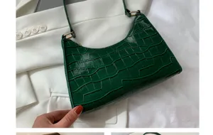 Dark green crocodile pattern underarm bag stylish minimalist shoulder baguette handbag for women