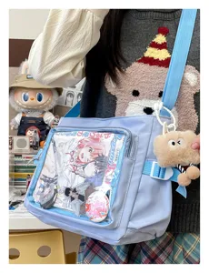 College style canvas messenger ita bag with transparent front pocket for daily use and travel.