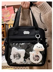 Black PU ita bag with transparent window, Japanese style backpack and crossbody bag for anime fans.