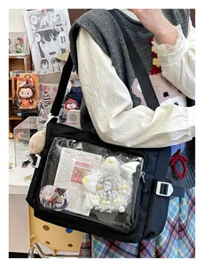 College style black ita bag with clear window, large capacity messenger bag for pins and daily use.