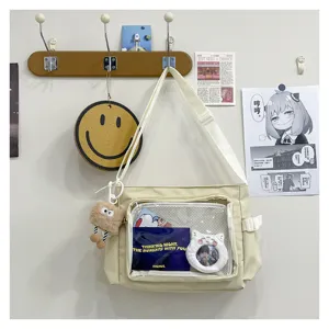 Casual canvas messenger bag with clear window, large capacity minimalist ita shoulder bag.