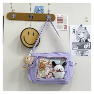 Collegiate purple ita bag with clear pocket for pins, pins display crossbody shoulder bag.