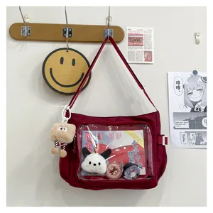 Red canvas messenger pain bag with clear window, large capacity shoulder crossbody bag for pins.