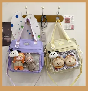 Japanese style PU ita bag with clear window pocket, cute shoulder handbag for doll display.