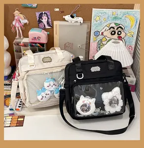 Japanese style cute transparent ita bag canvas shoulder crossbody bag with clear display pocket.