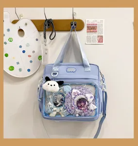Cute Japanese style student ITA shoulder crossbody bag with clear window for pins.