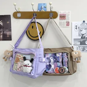 Preppy Style Canvas Crossbody Bag Large Capacity Messenger Bag Transparent Window Clear Pocket Casual Shoulder Bag