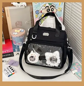 Black canvas ita bag Japanese style transparent pocket school backpack crossbody bag