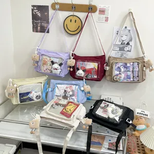 Canvas messenger ita bag with transparent window, large capacity college style cross-body.