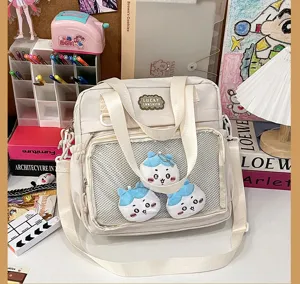 Kawaii Lolita Ita Bag Transparent Mesh Shoulder Backpack College Style Cute Plush Pendants