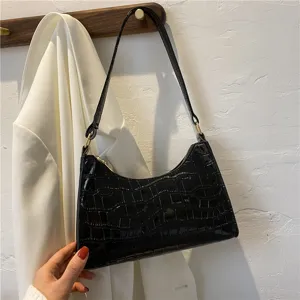 Black patent leather stone pattern underarm bag, trendy minimalist single shoulder baguette bag.