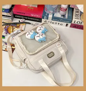 Japanese style cute PU ita bag transparent mesh front shoulder crossbody bag for student fashion.