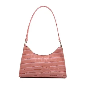 Pink crocodile pattern shoulder bag stylish underarm baguette handbag for women chic daily use