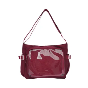 Wine red canvas messenger bag front view, clear front window itabag for daily use and pin display.