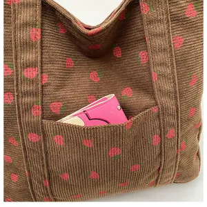 Brown corduroy strawberry print tote bag casual shoulder bag large capacity canvas bag